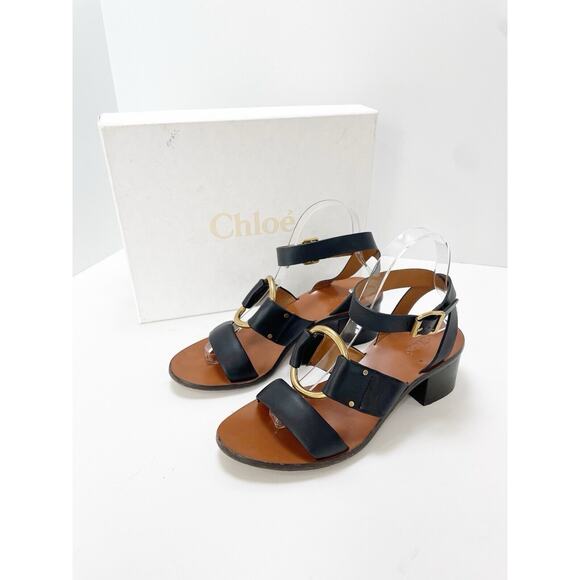 Chloe Rony Embellished Black Leather Gold Buckle Sandal 38.5 - Picture 1 of 12
